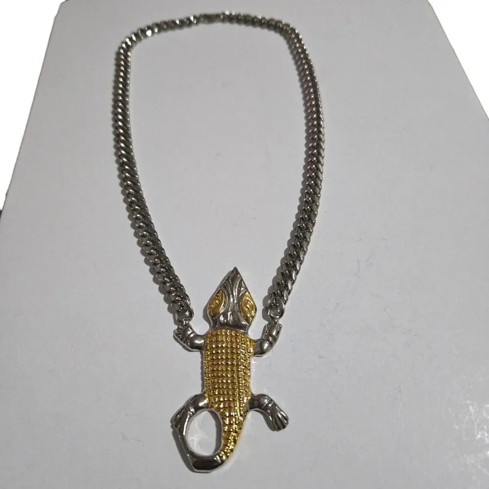 Two Tone Lizard Bottle Opener Pendant Necklace Silver Gold Cuban Link Chain Men